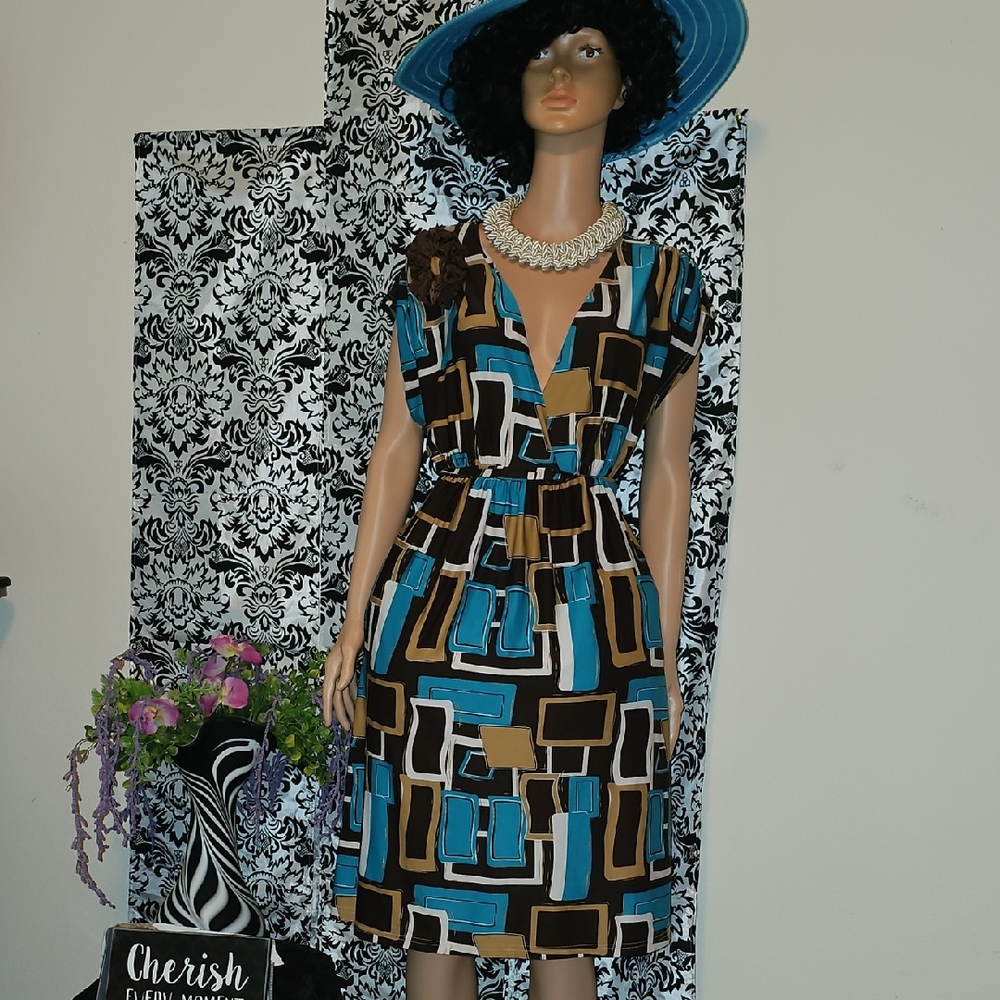 Elegant Abstract Midi Dress - Blue and Brown